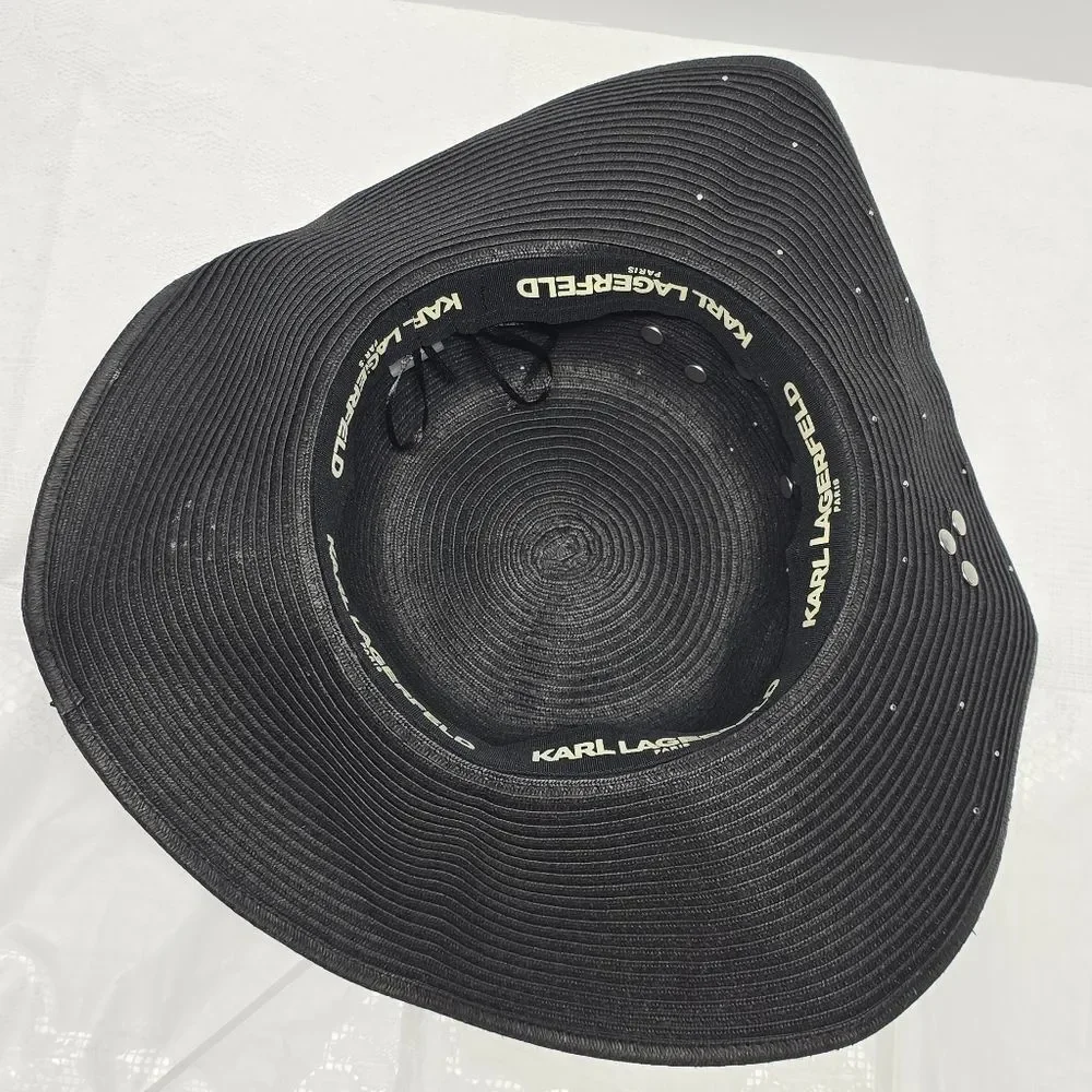 Karl Lagerfeld Black Straw Signature Pin Studs Paris Charm Embellished Sun Hat